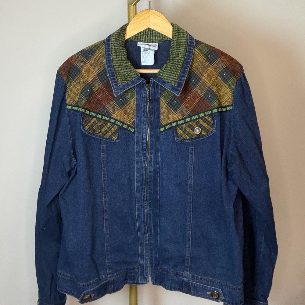 Vintage Nancy Bolen Tapestry Plaid Denim Jacket Studded Size 12